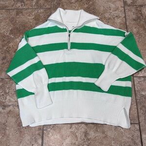 Aerie Beyond Quarter Striped Green and White Women's Zip-Up Sweater